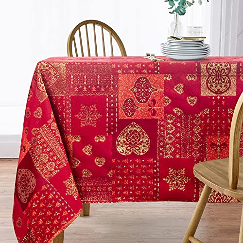 Viste tu hogar Tischdecke Weihnachten Goldfaden, speziell für Weihnachtsdekoration und Familientreffen usw., modernes und Elegantes Design, Rot Herz, 140x300cm