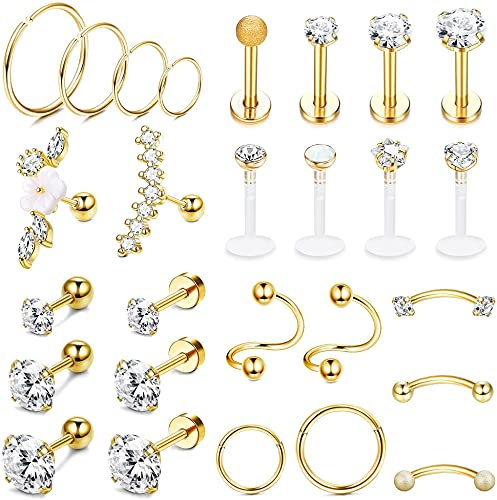 LOLIAS 27Pcs 16G Knorpelohrstecker Ohrstecker für Frauen Männer Edelstahl CZ Labret Helix Piercing Tragus Ohrstecker Forward Conch Piercing Schmuck Set