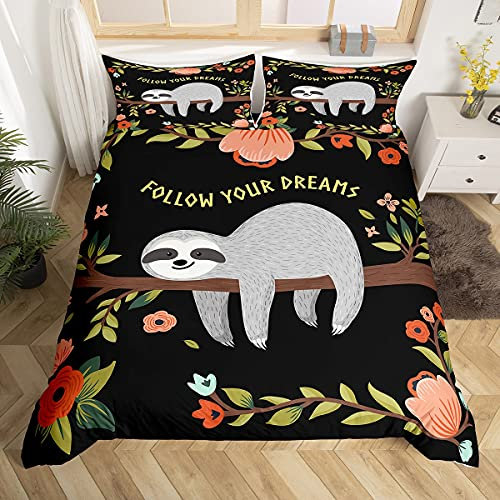 Faultier Bettbezug Set für Kinder Jungen Mädchen Cartoon Faultier Drucken Bettwäsche Set 135x200cm Schöne Tiermuster Bettbezug Abdeckung Blumenblätter Zweige Zimmerdekoration 2 Stück Bettwäsche