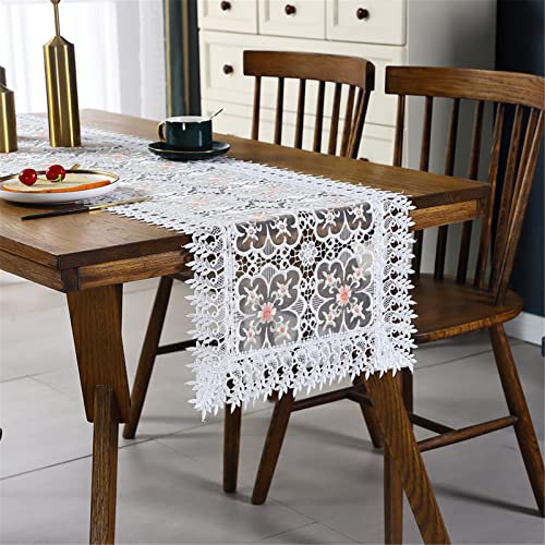 RAILONCH Modern Tischläufer mit Blumen Spitze, Boho Tischläufer Häkelspitze Elegante Hohle Mesh Tischdecke für Vintage Hochzeit Braut-Esstisch Dekor (Weiß,40x90 cm)