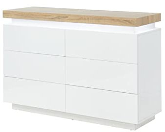 Vente-unique - Commode Halo II - 6 tiroirs - MDF laqué - avec LEDs - Coloris : Blanc et Chêne