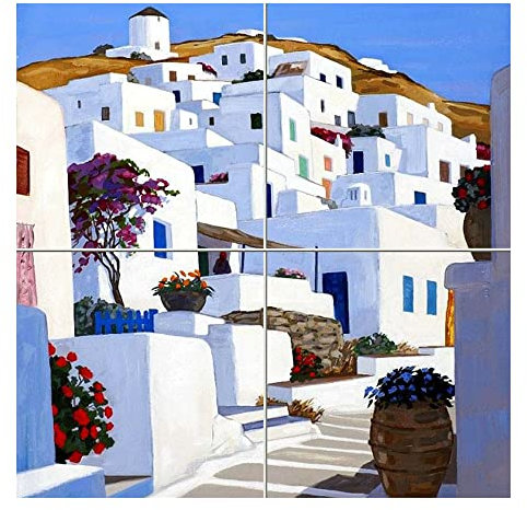 Napolamp Quadro Mosaico di 4 mattonella in Ceramica di cm. 10,8x10,8 con Stampa Paesaggio 5 nello Stile mediterraneo. Misura Mosaico cm. 21,6x21,6