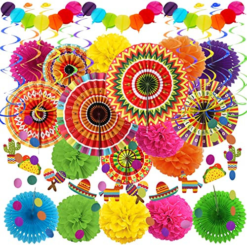 ZERODECO Urlaub Party Dekorationen Mexikanische Partei Fünf farbige Papierfächer Pom Poms Girlande für Urlaub Mexikanische Cinco De Mayo Taco Mottoparty Dekorationen Geburtstagsparty Zubehör