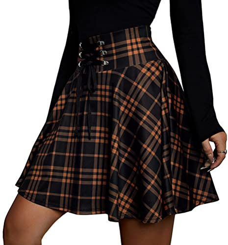 Minetom Femme Mini Jupe Carreaux Évasé Plissé Plaid Court A-Line Jupe Courte Gothique Taille Haute Tennis Uniformes Ecolières Jupe À Lacets A Marron XS