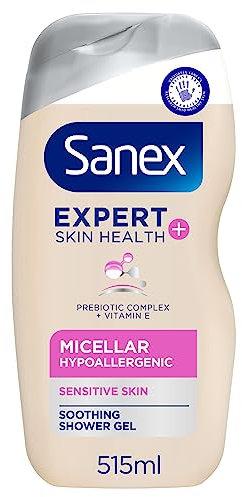 Sanex Expert Skin Health + Micellar Hypoallergenic Shower Gel 515ml, for sensitive skin, body wash for men & women, helps protect skin from pollution, gentle antioxidant formula, with vitamin E