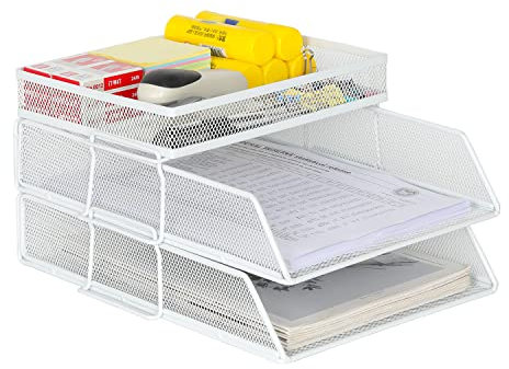 EasyPAG 3 Niveles Metal Malla A4 Bandejas Oficina Apilables Soporte Documentos Almacenamiento Revistas Organizador Escritorio Clasificador Carta Estante Papel,Blanco