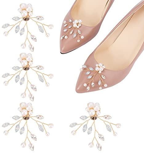WEBEEDY 2 Paar Perlen und Kristall Schuhclips Strass Schuhclips 3D Pearl Schuhschnallen für Damen Brosche Deko-Anhänger für Kleiderhut Hochzeit Abschlussball Party
