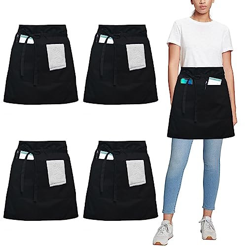 umboom 4 Stück Vorbinder Schürze, Schwarz Küchenschürze mit 3 Taschen, Kurz Koch Schürzen, Kellnerschürze Grillschürze Baristaschürze Taillenschürze für Herren Damen (Schwarz - Polybaumwolle)