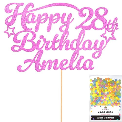 Personalised Happy Birthday Glitter Cake Topper Stars - Light Pink Any Name & Any Age Glitter Cake Decoration and Sprinkles - Happy Birthday Decorations - Personalised Toppers for Cakes by Cakeshop