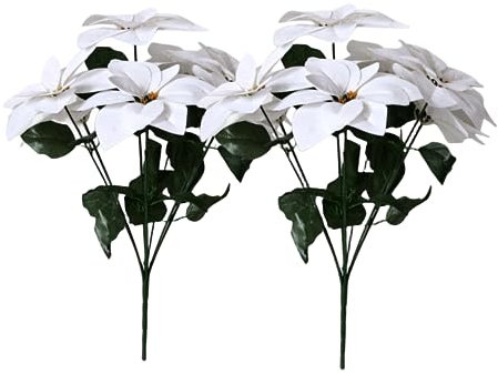 Rikyo 2 künstliche Weihnachtssterne, 48,3 cm, Seidensträucher, Weihnachtsblumen, Ornamente, 7 Stielköpfe, Samt, Weihnachtsstern, Blumen mit Stielblatt für Party, Zuhause, Urlaub, Dekoration (weiß)