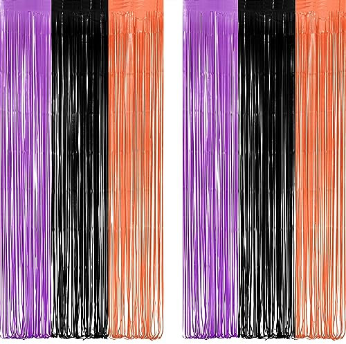 Lila Orange Schwarz Lametta Vorhang - Metallische Folien Fransen Vorhänge Fotowand Hintergrund für Halloween Horror Hocus Punk Geburtstag Party - 3.2ft X 8.2ft - 2 Stück