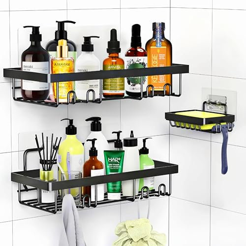 UKGator Shower Caddy 3 Pack, Bathroom Shelf Organiser, Adhesive Wall Mounted Shower Shelf, No Drilling Bathroom Accessories, Rustproof Caddy for Kitchen & Bathroom Storage (Black)