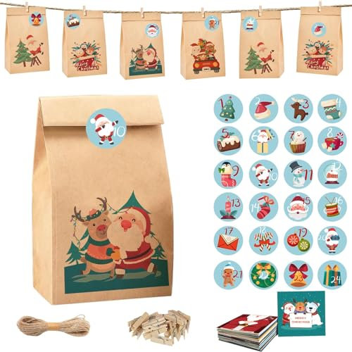 Adventskalender Zum Selbstbefüllen, 24 pcs - adventskalender selber befüllen, Geschenk adventskalender zum befüllen kinder, Klappkarten Seil Clips in der adventskalender tüten