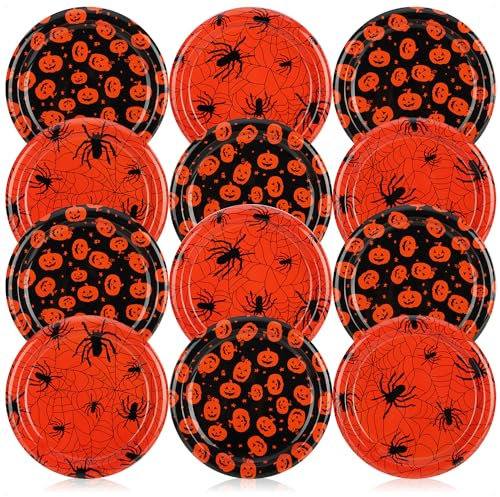 com-four® 12x piatti decorativi Halloween - piatti di plastica riutilizzabili con design ragno e zucca - piatti decorativi per uso alimentare - piatti decorativi (12 pezzi - ragno + zucca)