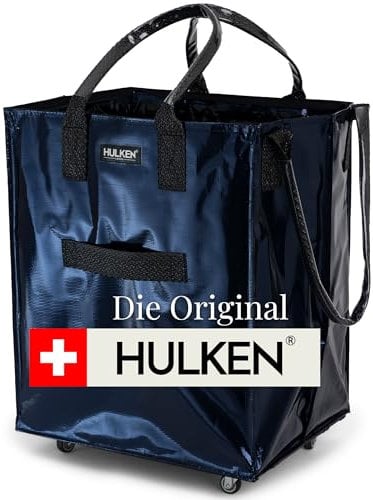 HULKEN - Große, dunkelblaue wiederverwendbare Einkaufstasche auf Rädern. Der Einkaufswagen trägt bis zu 30 kg. Klappbarer Einkaufstrolley mit robusten Griffen und Reißverschluss, ist flach und faltbar