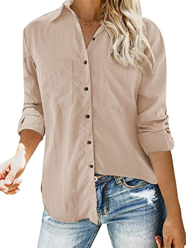 Feziakuk Leinenhemd Damen Knopfleiste Leinenbluse Baumwolle Oberteile Langarm Revers Bluse Einfarbig Tops mit Brusttasche, Khaki S