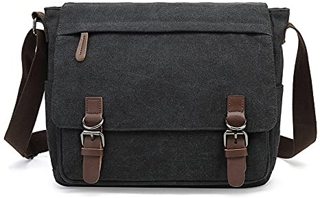 Sechunk Canvas Vintage Messenger Bag Shoulder bag Leather Large Travel Crossbody bags for men women 15inch Laptop, Black, L