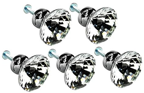 Veemoon Diamond Shaped Crystal Glass Cabinet Knobs and Cupboard Drawer Handles 30mm Door Pulls for Kitchen and Furniture – 5 Pack