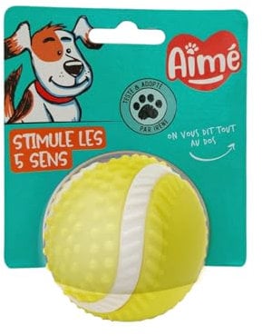 Aimé - Balle pour Chien 5 en 1 Saveur Bœuf - Jouet Interactif/Éducatif pour Développer et Stimuler Les 5 Sens - Résistant Toutes Races et Tous Âges - Balle 8 cm