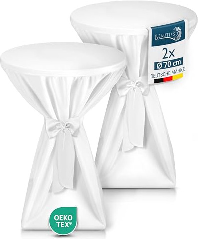 Beautissu 2X Premium Stehtischhussen blickdicht rutschfest bügelfrei | 70cm weiß mit Schleifenband Stehtischüberzug Husse für Stehtisch Bistrotisch Tischhussen Stehtische Waschbar Giulia Premium