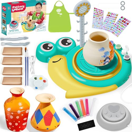 JONRRYIN Kit Ceramica per Bambini, Ruota in Ceramica Elettrica, Kit Fai da Te con Argilla, Colori, Grembiuli, Regali per Bambini dai 6 Anni (lumache)