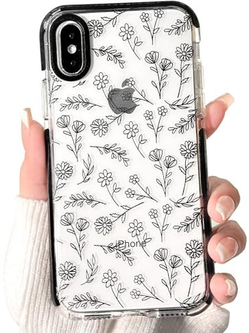 NITITOP Compatible for iPhone X/XS Case Cute Flower Floral Clear for Women Girl Ultra Slim Crystal Shockproof Soft TPU Anti-Yellow Protective Phone Cover - Clear Black