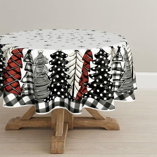Artoid Mode Schwarz Weiß Büffelkaro Bäume Schneeflocken Weihnachten Tischdecke Rund 140 cm, Fleckschutz Tischwäsche Küche Dekoration Party Dekor
