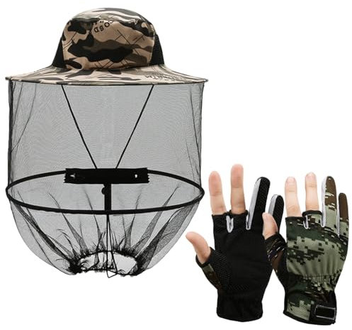 1 Stück Moskitonetzhut, 1 Paar Handschuhe, Anti-Mücken-Eimerhut, Faltbarer Hut, Tragbarer Anti-Bienenhut, Outdoor-Angelhut, Sonnenschutz-Sonnenhut