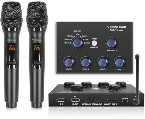 Sound Town 16 Channels Wireless Microphone Karaoke Mixer System w/ 2 Wireless Mics, HD ARC, Optical (Toslink), AUX, Supports Smart TV, Media Box, PC, Bluetooth, Soundbar, Receiver (SWM15-MAX)