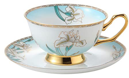 Handbemalte Kaffeetasse aus Keramik mit Blumenmotiv für Zuhause und das Büro, mit Henkeltasse für Frühstück, Milch, Saft, Tee (D Hellgrau)