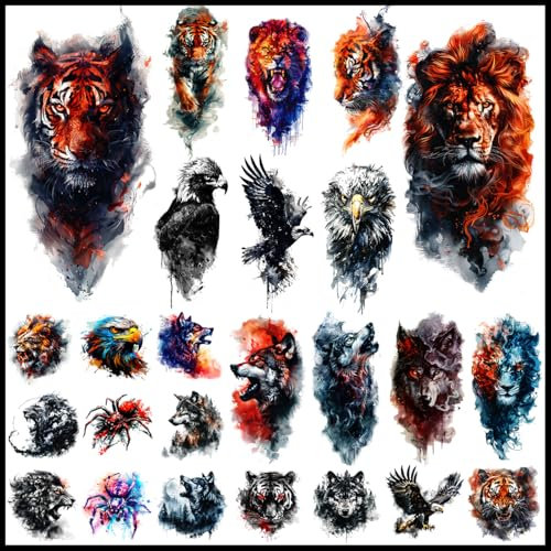 CHARLENT Lot de 25 Tatouages Temporaires de BêTes pour Hommes Adultes : 12 Tatouages Aquarelles, Bras, Lion, Loup, 13 Tatouages Tigre et Aigle pour Hommes