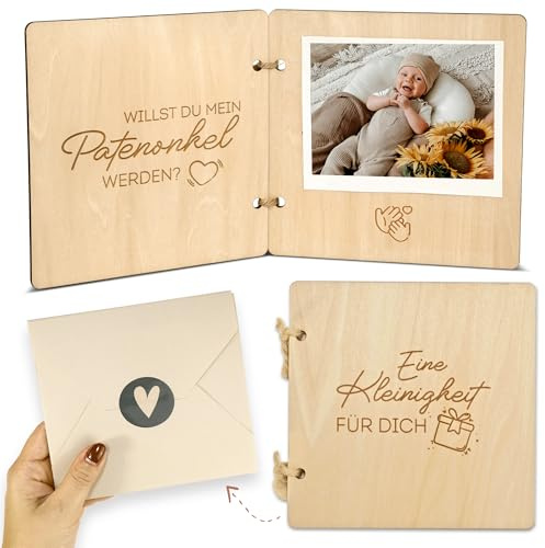 Patenonkel fragen Holzbuch mit Umschlag & Siegel – Willst du mein Patenonkel sein? | Hochwertiges Geschenk für Taufpaten | Emotionale Überraschung für die werdende Patin