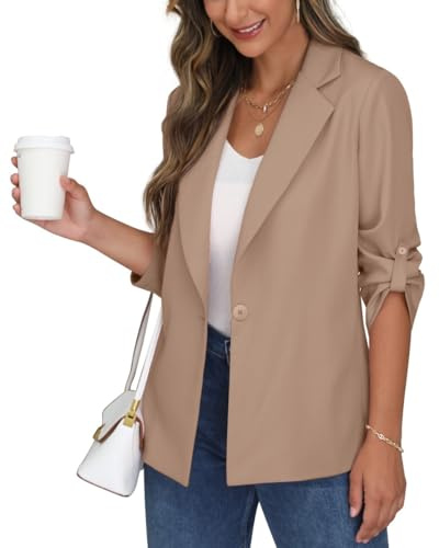 PrinStory Blazer da donna a maniche regolabili da donna con tasche colletto con risvolto aperto davanti bottoni giacca cardigan