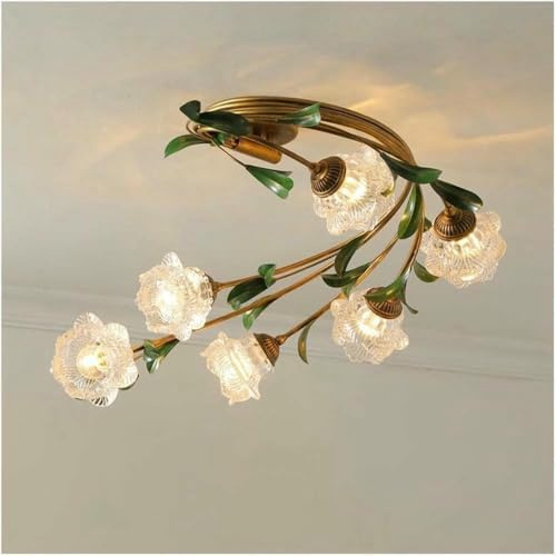 Deckenleuchte Pastoraler Blume,Eisensockel mit Antiker Messing-Deckenlampe Küche,Lampenschirm mit Glasrosen Kronleuchter, Astförmig Deckenbeleuchtung für Wohnzimmer,Schlafzimmer,Flur(Rose,6 Köpfe)