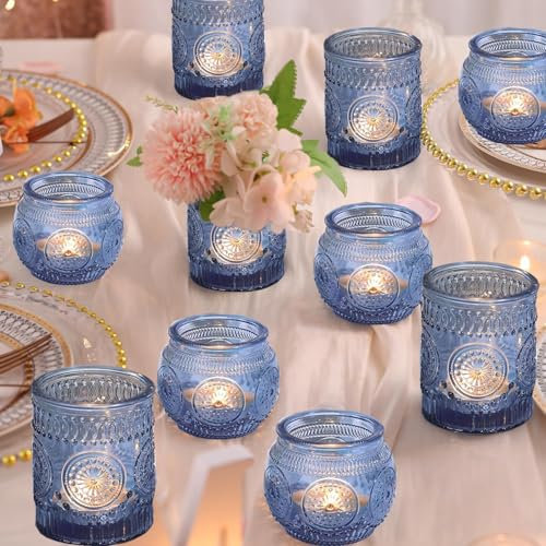 Lot de 12 photophores en verre bleu vintage pour centres de table, maison, fête prénuptiale, anniversaire, décoration de table de fête (bleu)