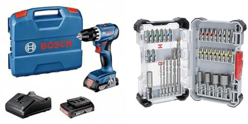 Bosch Professional 18V System Akku Bohrschrauber GSR 18V-45 (Drehzahl 1.900 min⁻¹, inkl. 2x 2.0Ah Akku, Ladegerät) + 35x Extra Hard Schrauberbit‑ und CYL-3 Bohrer-Set (197 x 110,5 mm)