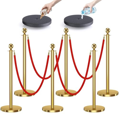 kaiyomi 6Pcs Stanchions with Red Velvet Ropes Set, 5 Feet Velvet Ropes and Posts Poles for Red Carpet Party Decoration and 360° Photo Booth (Golden)