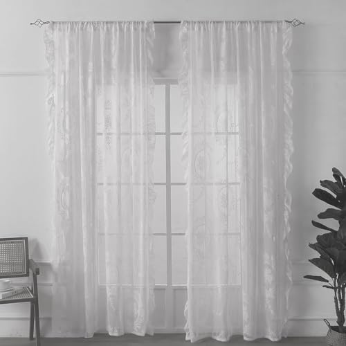 Vintage Landhaus Vorhang Spitze Durchsichtig Barock Rose Spitzengardinen | Weiß Gardinen Schlafzimmer Wohnzimmer Transparent Prinzessin Dekoschal Dekovorhang 2 Stück 140x160