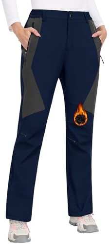 PASUDA Womens Waterproof Trousers Walking Hiking Fleece Lined Pants Winter Thermal Windproof Softshell Fishing Ski Snow Outdoor Pant Ladies Overtrousers with Zipper Pockets(Navy Blue,M)
