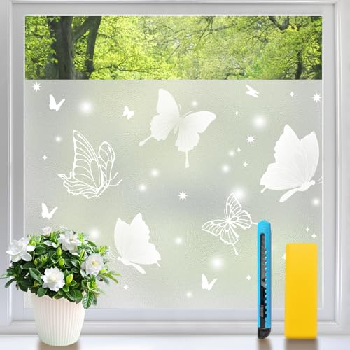 Niviy Fensterfolie Blickdicht Schmetterling 75x120cm | Milchglasfolie Sichtschutzfolie Fenster Selbsthaftend Statisch Haftend ohne Klebstoff, Anti-UV für Zuhause Büro Wohnzimmer