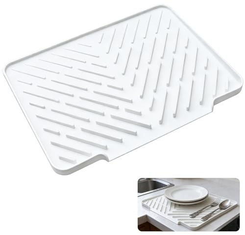 Alfombrilla Escurreplatos de Silicona (40x31cm), Tapete de Secado con Drenaje Automático e Inclinado, Bandeja Escurridora Resistente al Calor y Antideslizante para Encimera Cocina (Blanco Crema)