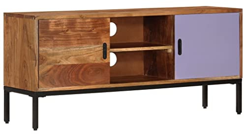IBUQDDV TV-Schrank Honigbraun und Grau 110x30x50 cm Massivholz Akazie mit 2 Schränken und 2 Fächern für Multimedia-Geräte und Bücher, Vintage-Charme, Langlebig, Kabelmanagement,