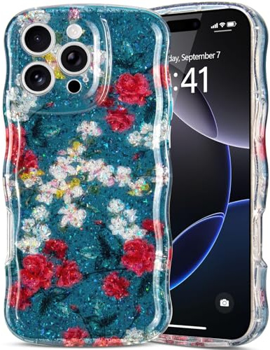 Teageo for iPhone 16 Pro Case, Aesthetic Flower Wavy Bumper, Ocean bloom | for Women Girls, Wave Curly Bumper, Floral Back Case, Shockproof Slim Raised Camera Protection