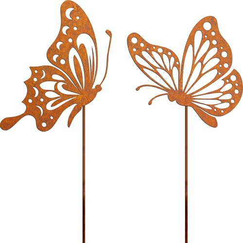 Schmetterlinge Rost Gartenstecker Metall Gartendeko Wetterfest 2er-Set 45cm | Blumenstecker Rost Deko für Garten Draußen Balkon Blumentöpfe