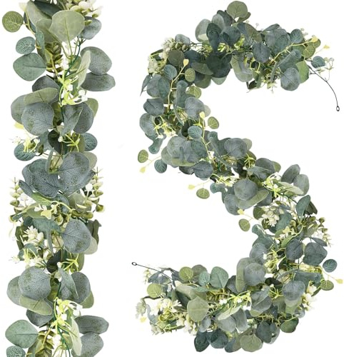 ADORAMOUR Künstliche Eukalyptus Girlanden -2er Set 180 cm Länge– Üppige Hängepflanzen mit weißen Blüten, Hochzeitsdeko, Wanddeko, Wohnzimmer, Schlafzimmer, Deko für drinnen und draußen, Heimdekoration