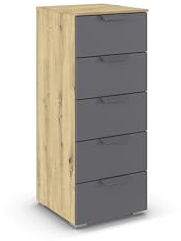 Rauch Möbel ADITIO, Kommode, Grau metallic/Eiche Artisan, Breite 40 cm | Highboard im modernen Look, 5 Schubladen, Soft-Close-Funktion, für Schlafzimmer, Gästezimmer, Wohnzimmer, Garderobe, Flur