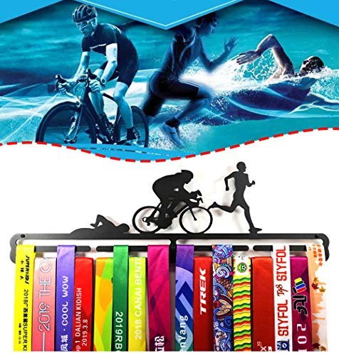 Porta medaglie sportivo metallico per esporre medaglie, da triathlon, nuoto, bici, corsa in acciaio al carbonio con due ripiani, supporto da parete professionale (nero, da uomo)