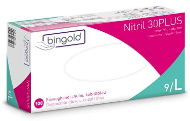 BINGOLD Gants jetables Nitrile 30PLUS, gants nitrile, bleu cobalt, taille L, boîte de 100 gants