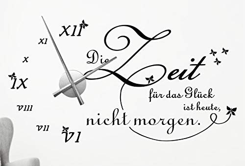 timalo® XXL Wanduhr Wohnzimmer Wandtattoo Spruch 'Die Zeit für das Glück ist heute, nicht morgen' mit Uhrwerk – Uhr zum Aufkleben | 76046-schwarz-110x58-Uhr-silber