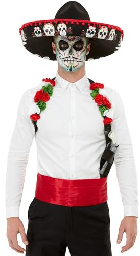 Smiffys Day-of-the-Dead-Set, Rot, mit Sombrero, Halfter & Kummerbund